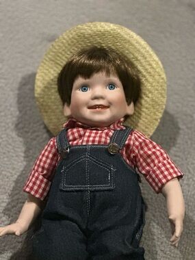 Danbury Mint Steve Porcelain Doll in Shirt and Dark Blue Overalls with